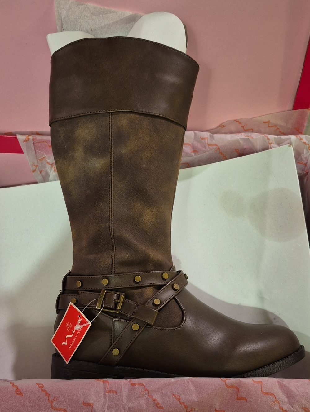 Nina Brown Girls Mid-Calf Riding Boots with Studded Strap